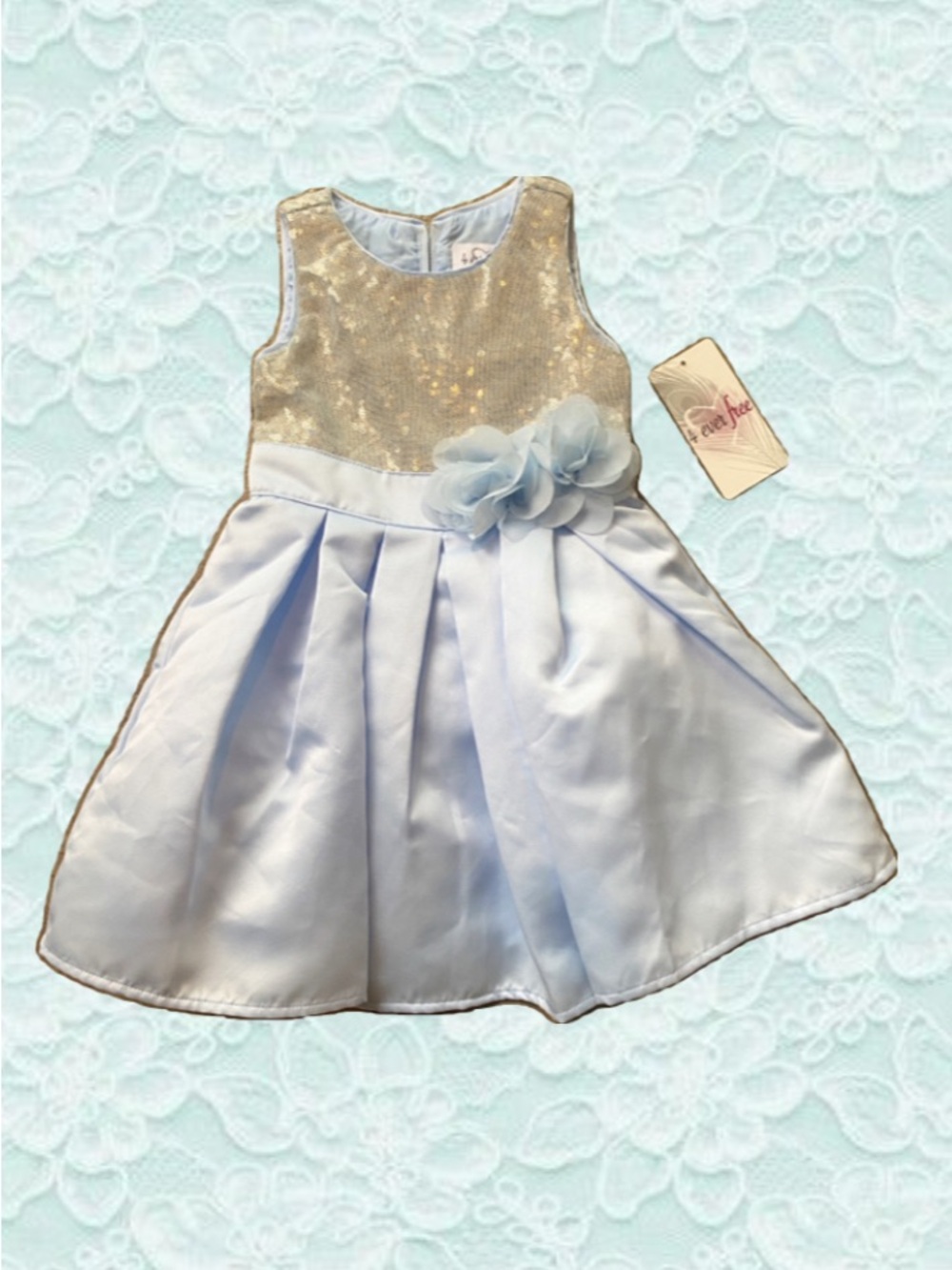 Sparkle Gold & Light Blue Flower Sash Kids Dress
